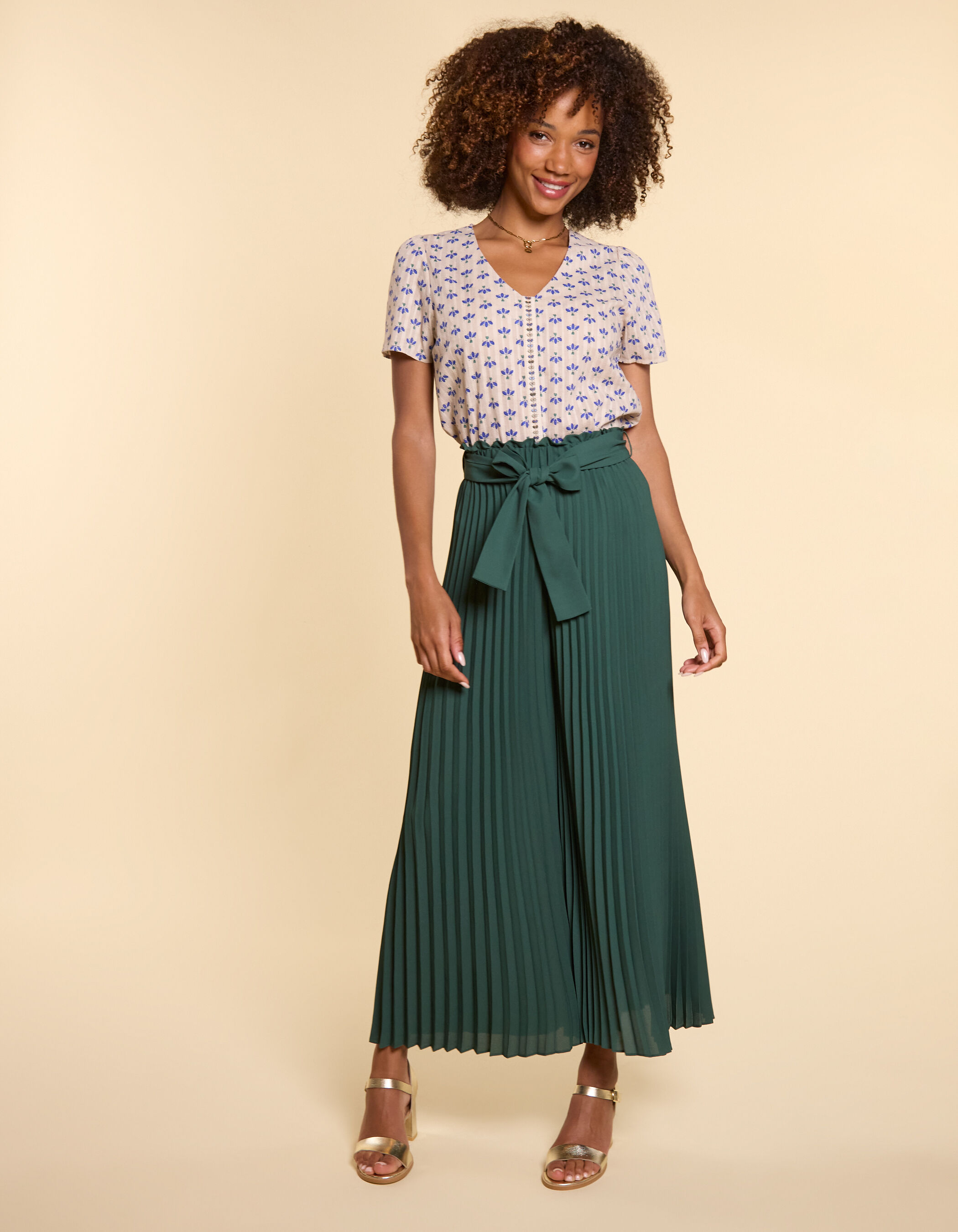 I.Code night green pleated wide leg trousers