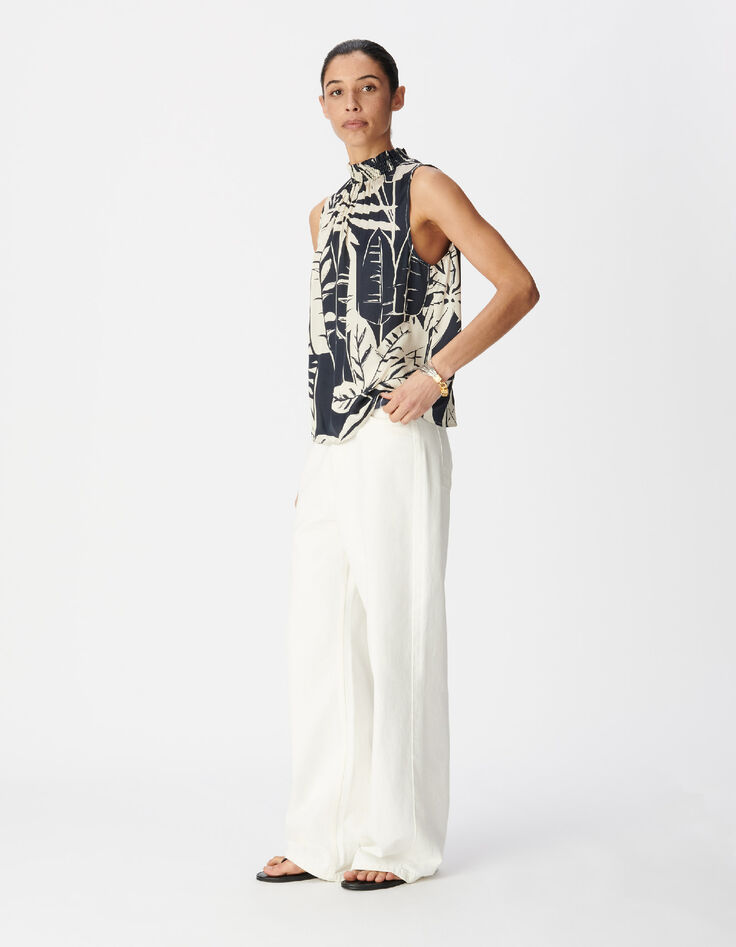 &Auml;rmelloses Satin-Top navy mit Blattprint f&uuml;r Damen-1