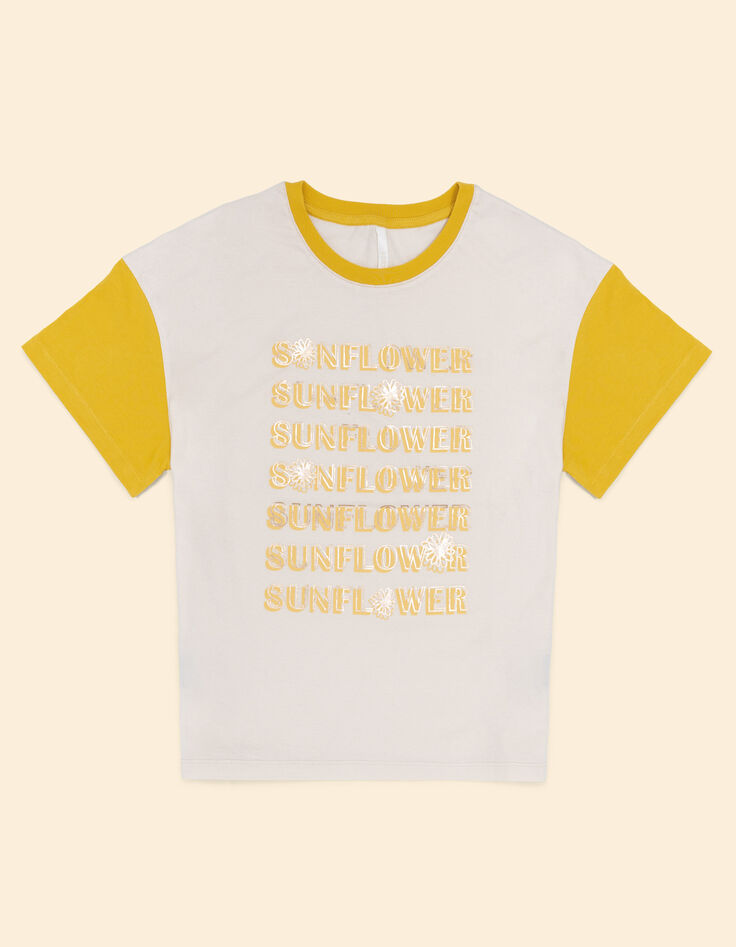 Tee-shirt écru manches jaune à message I.Code-7