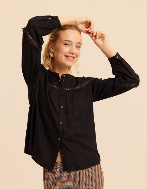 Blouse noire plis cousus et bandes dentelle I.Code