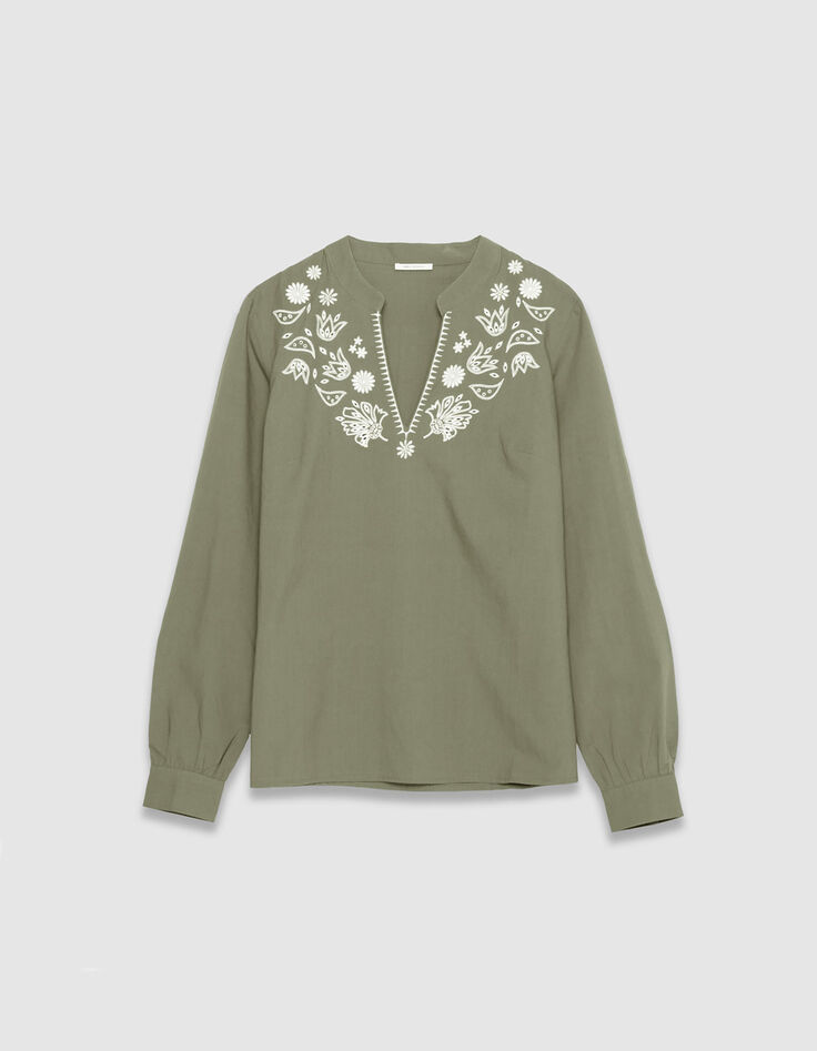 Latzbluse aus khakifarbener Bio-Baumwolle mit Stickerei f&uuml;r Damen-5