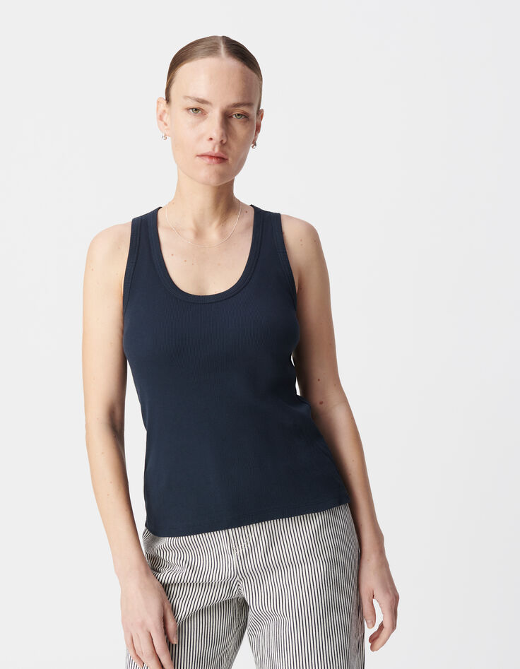 Marineblaues Damen-Tank-Top aus Rippstrick mit gesticktem Fischgr&auml;tenr&uuml;cken-2
