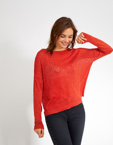 I.Code carnelian red and gold openwork fine knit sweater - I.CODE