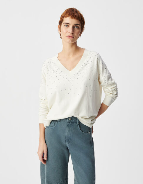 Wei&szlig;er Damen Strickpullover mit V-Ausschnitt und Nieten - IKKS