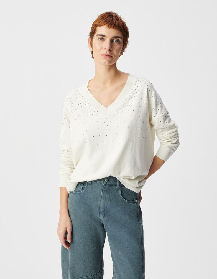 Wei&szlig;er Damen Strickpullover mit V-Ausschnitt und Nieten-2