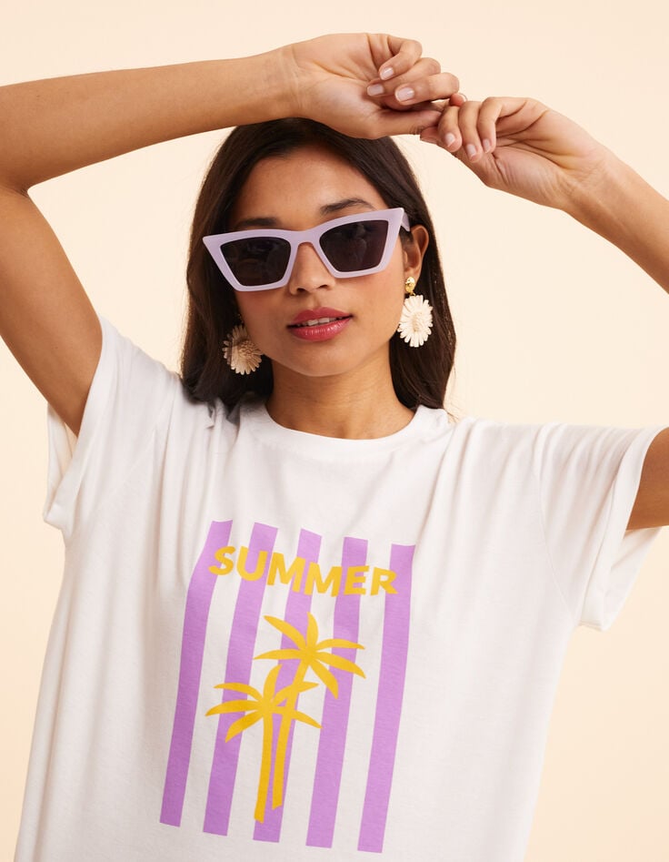 I.Code white short-sleeved T-shirt with striped palm trees-1 I.Code white short-sleeved T-shirt with striped palm trees-1