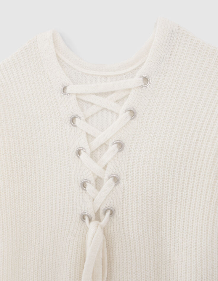 Cremefarbener Damen-Strickpullover Maxi hinten geschn&uuml;rt-5