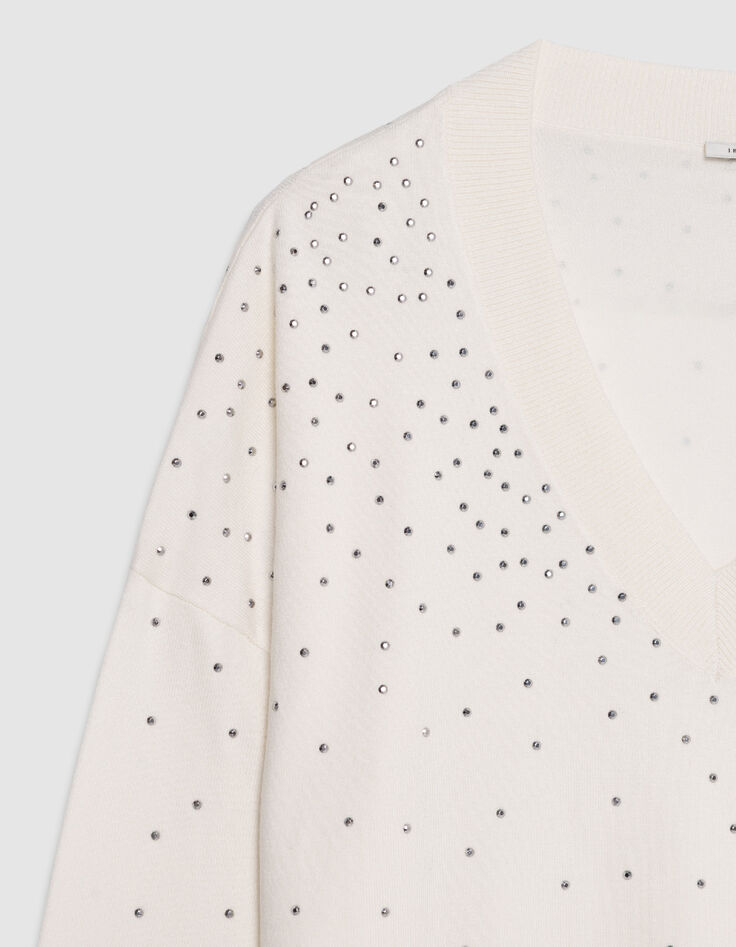 Wei&szlig;er Damen Strickpullover mit V-Ausschnitt und Nieten-7