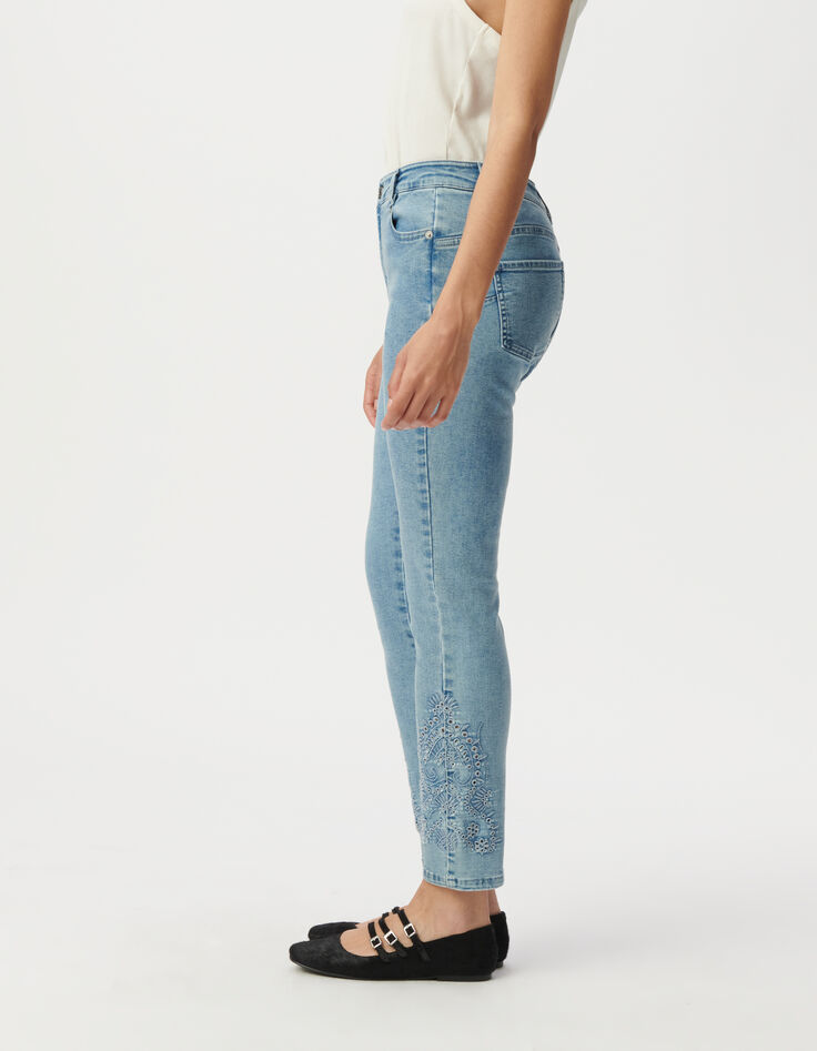 Blaue Slim-Damenjeans hoher Bund 7/8.-Dekor Stick-3