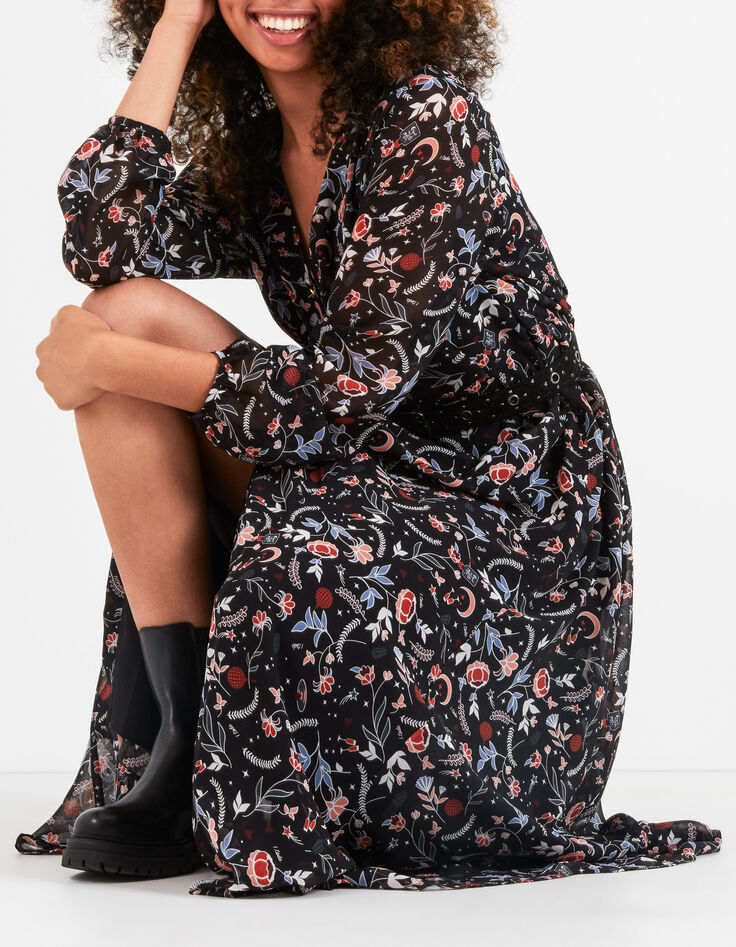 Vestido largo negro estampado flores indias I.Code-1