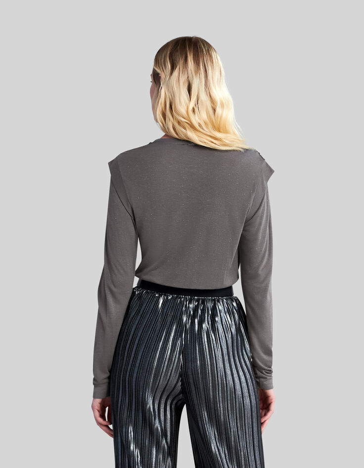 Graues Damen-T-Shirt mit kleinen Perlen an den Schultern-3