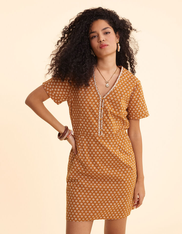 Camelbraunes Kleid mit Blumenprint, Herz I.Code-1