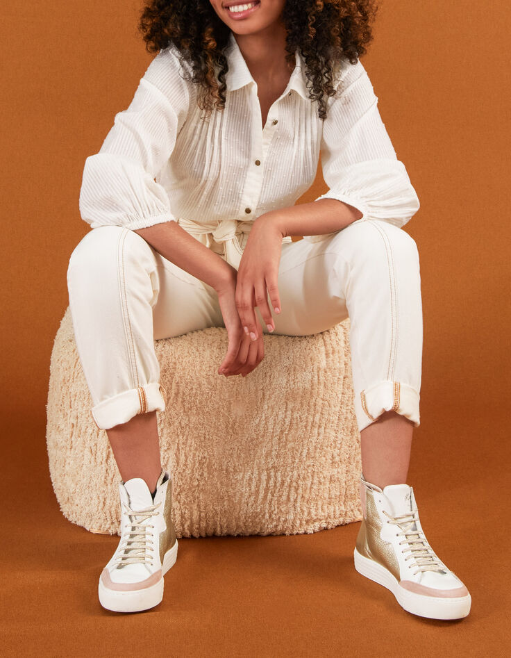 Cremeweiße Bluse mit Streifen und genähtem Plissee I.Code-1