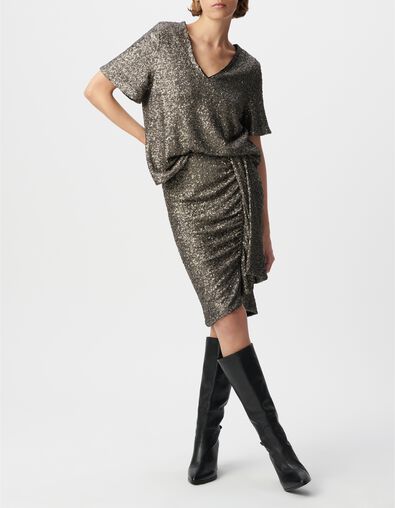 Asymmetrisch drapierter kurzer grauer Rock f&uuml;r Damen mit Metallpailletten - IKKS