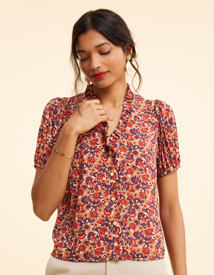 Top rojo flores mangas plisadas I.Code-1