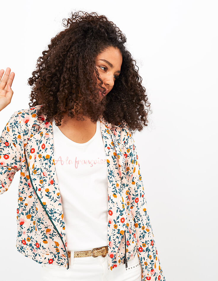 Veste de motard rose poudré imprimé floral et doré I.Code-1