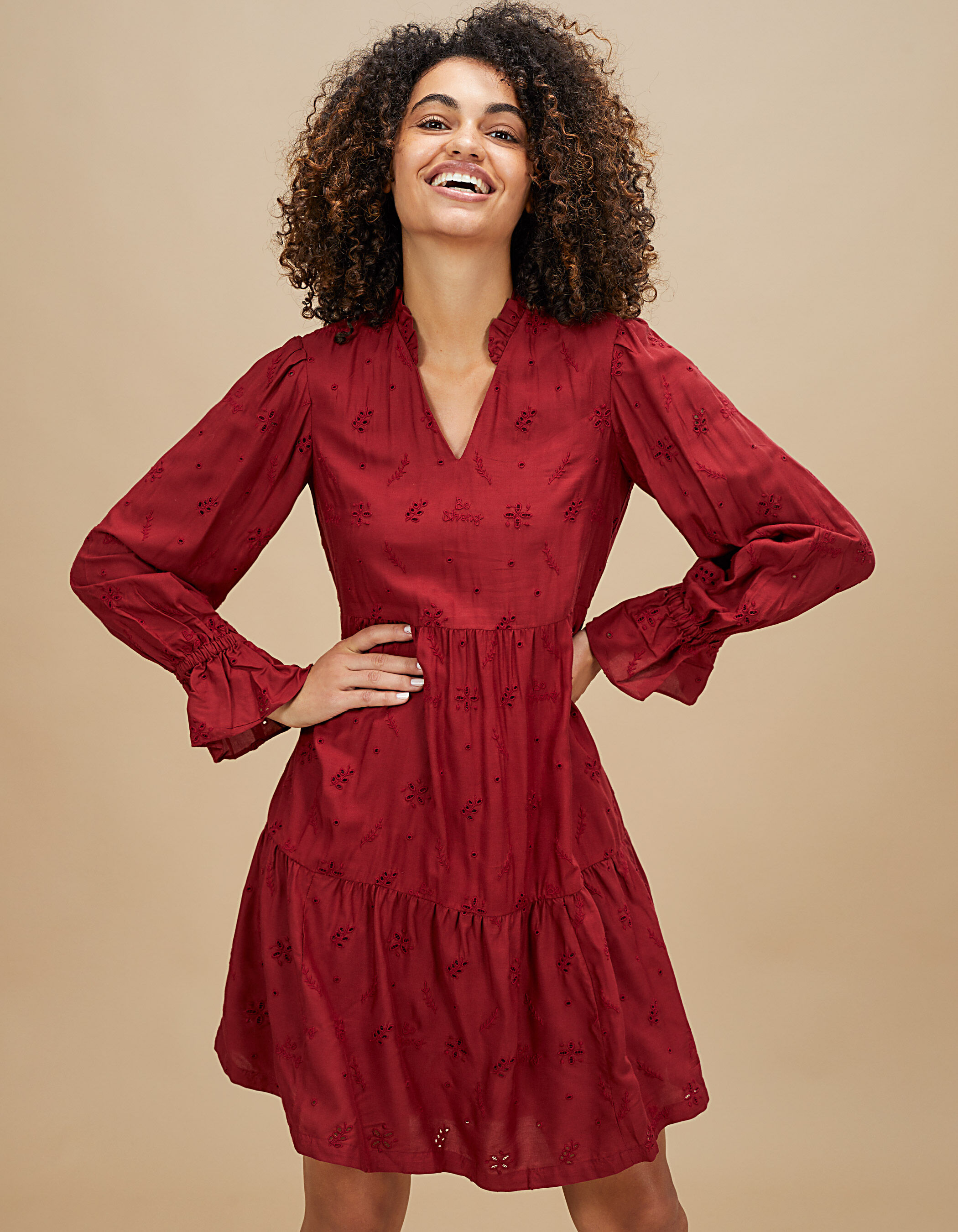 I.Code garnet red dress with ruffles eyelet embroidery