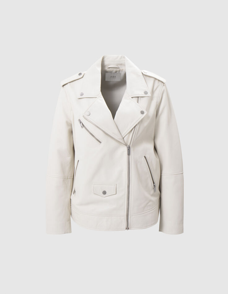 -Bikerjacke aus Leder mit Rei&szlig;verschlusstaschen in Ecru-7
