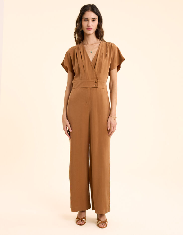 Wijde camel jumpsuit met brede wikkelkraag I.Code-3