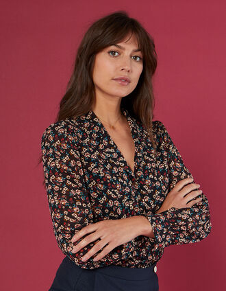 I.Code black winter flowers print blouse