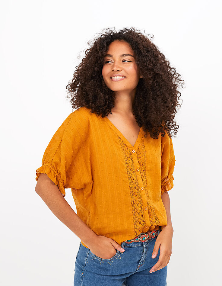 Top amarillo con encaje y manga murciélago I.Code-1 Top amarillo con encaje y manga murciélago I.Code-1