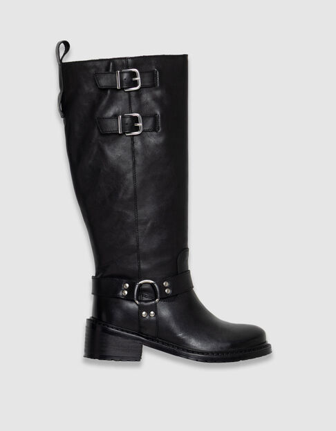 Schwarze Damenlederstiefel Biker-Stil Doppelschnalle - IKKS