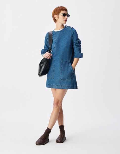 Blaues Kleid aus Denim f&uuml;r Damen mit drei aufgesetzten Taschen - IKKS