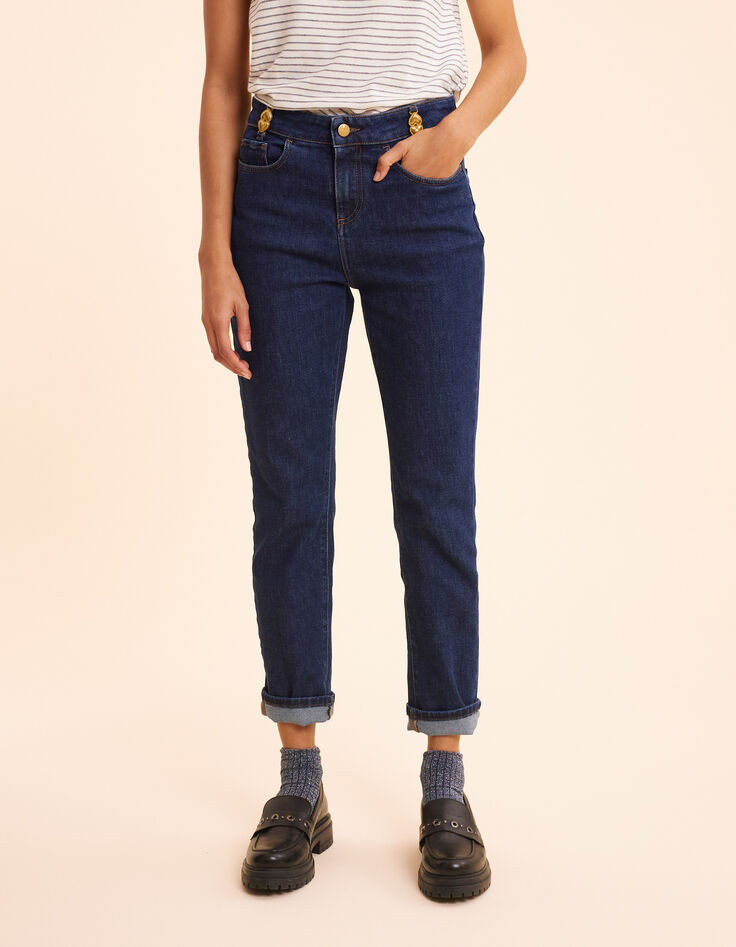 Jean recto azul oscuro con trabillas metálicas de doble corazón I.Code-3