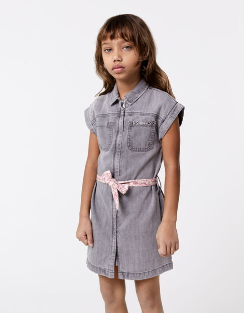 Robe en jean gris coton bio ceinture imprimée fille - IKKS