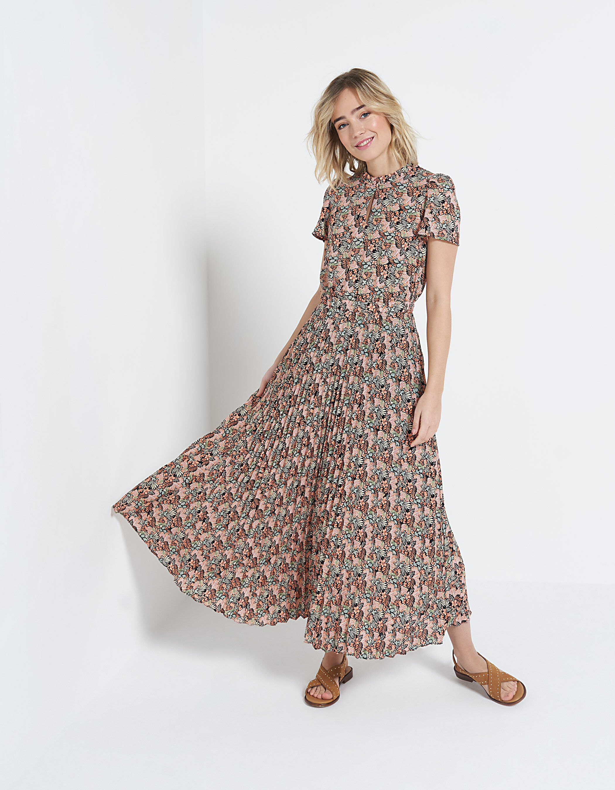 Code copper plant print pleated long dress