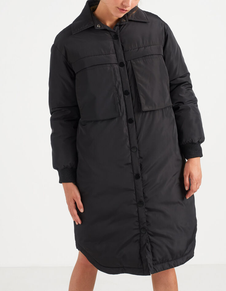 Lange, schwarze Steppjacke mit Maxi-Taschen I.Code-1
