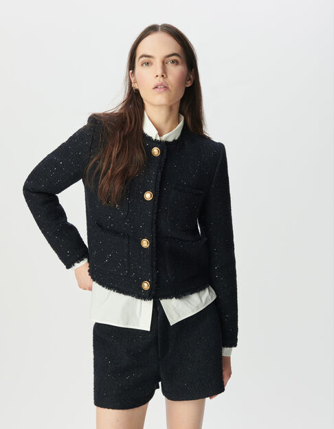 Marineblaue kurze Damenjacke Tweed-Effekt Paillettenstick - IKKS