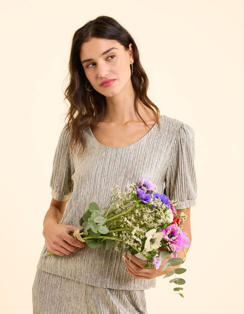 Top gris plissé à rayures fantaisie dorées I.Code