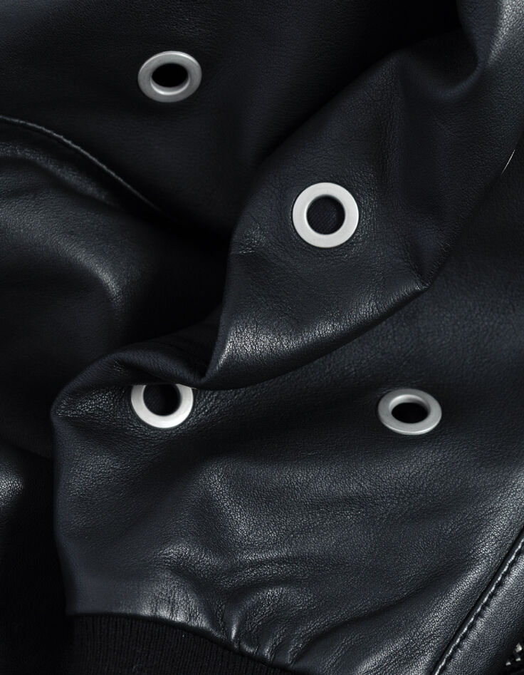Schwarzer Lederbomber Damen maxi &Ouml;sen-Design-9