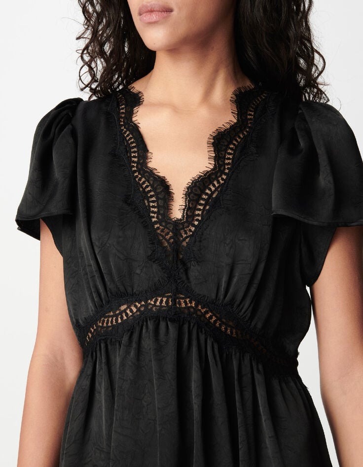 Schwarzes Maxikleid f&uuml;r Damen aus Satin mit Details aus geknitterter Spitze-4