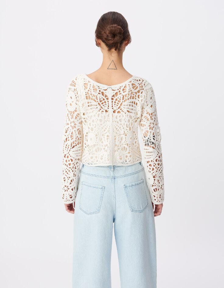 Ecru Damen STRICKJACKE mit durchbrochener H&auml;kelarbeit-3