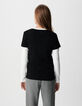 Schwarzes V-Ausschnitt T-Shirt Damen mit Fischgr&auml;ten-Stickerei-3