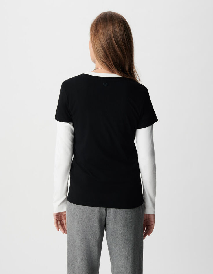 Schwarzes V-Ausschnitt T-Shirt Damen mit Fischgr&auml;ten-Stickerei-3
