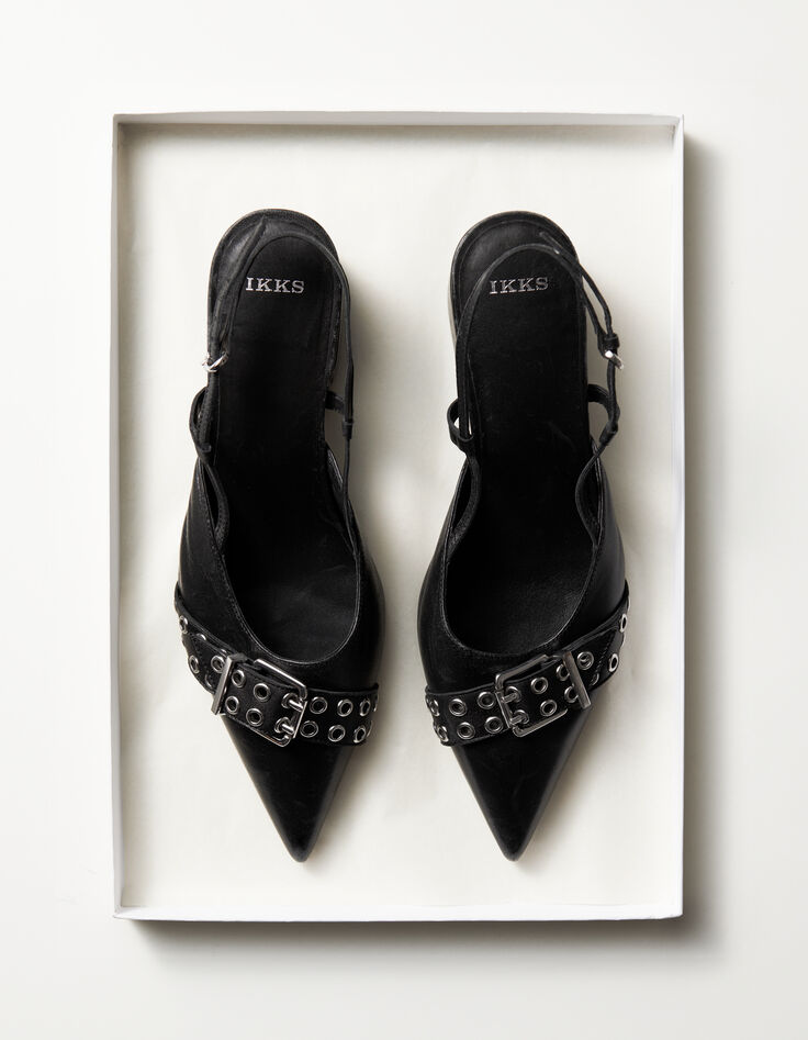 Damen schwarz Leder &Ouml;se Slingback Pumps-7