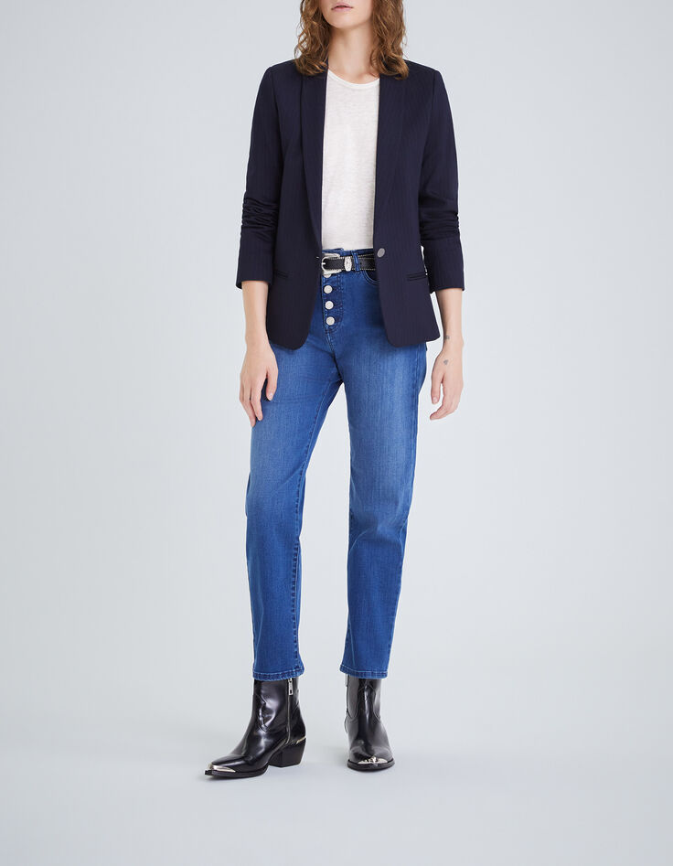 Marineblauer Damenblazer mit goldfarbenen Tennisstreifen-3