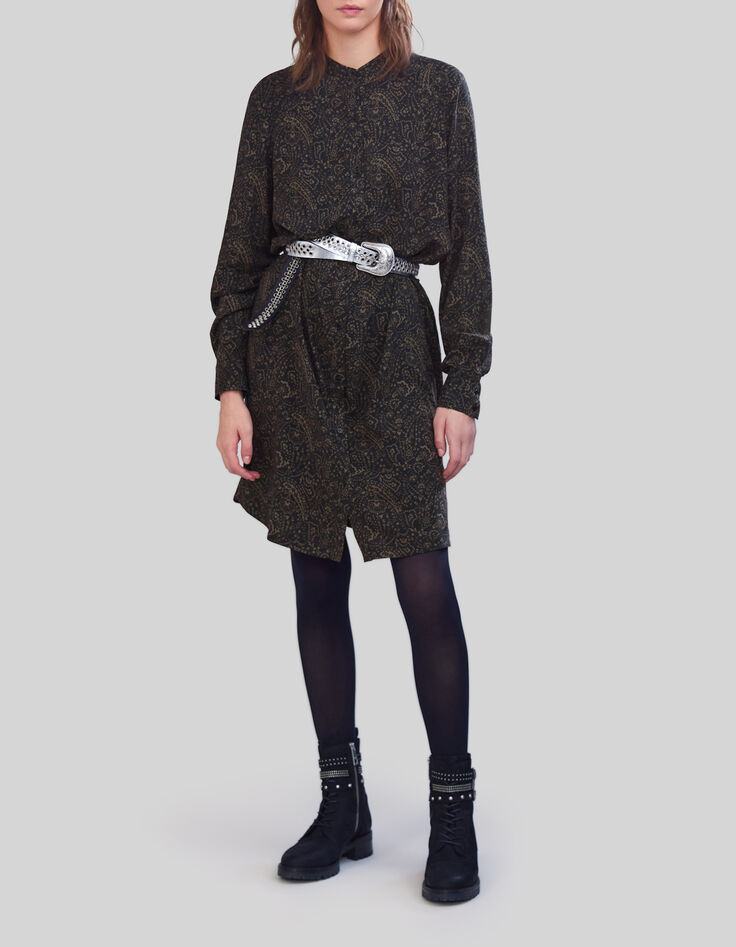 Khaki Damenkleid mit Paisley-Blumenprint-1