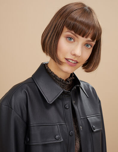 I.Code black faux leather overshirt with press studs