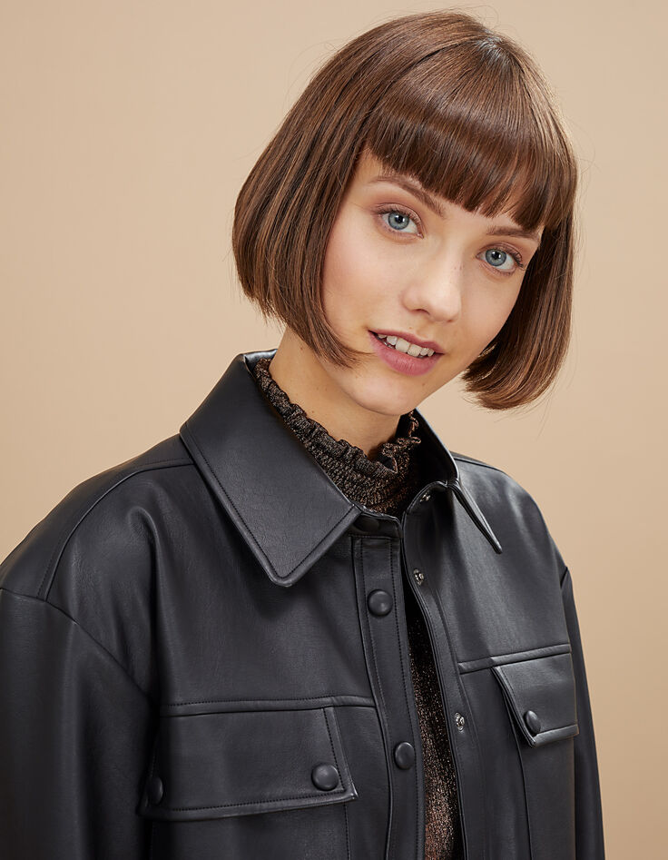 I.Code black faux leather overshirt with press studs-1