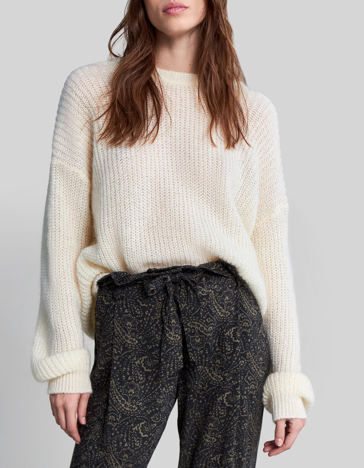 Cremefarbener Damen-Strickpullover Maxi hinten geschn&uuml;rt-2