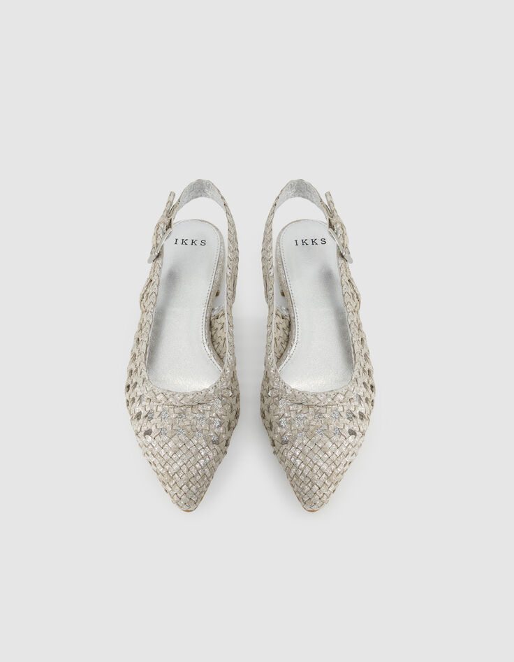 Silberne Slingback Ballerinas Damen aus Leder geflochten-3