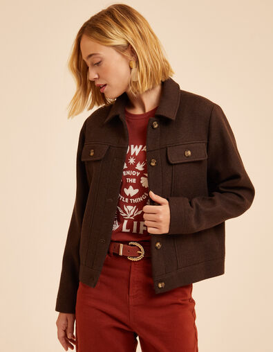 I.Code brown fur-lined woolcloth short coat