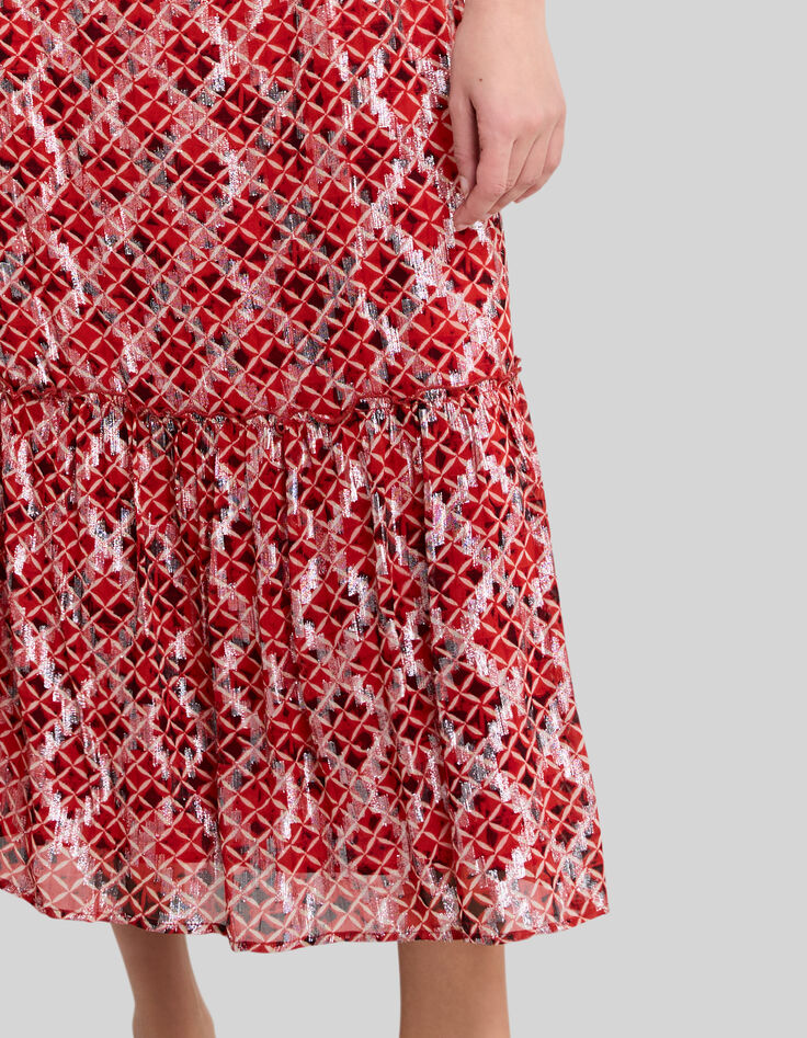 Langes, mohnrotes Damenkleid mit Karos-5