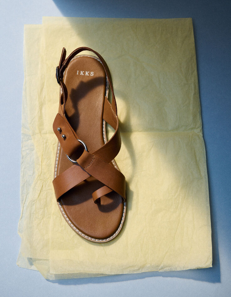 Damen camel Leder Sandalen entredoigt Platten-6