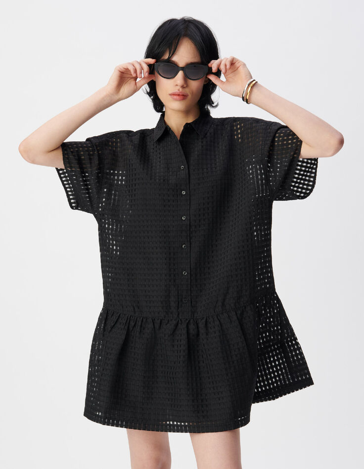Schwarzes Kleid mit durchbrochenem Karomuster Damen-4