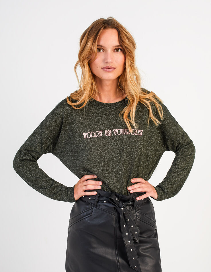Pull vert empire tricot pailleté à message floqué I.Code-2
